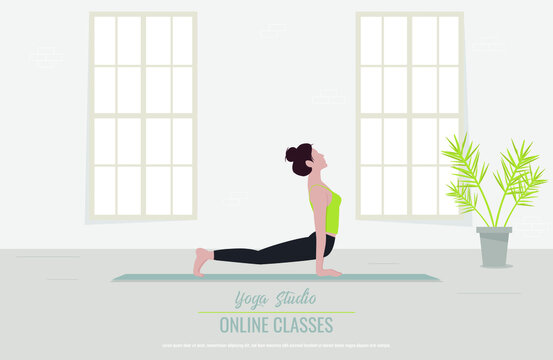 Woman practice yoga at a studio. Online classes concept. Vector illustration
