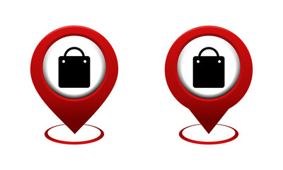 Set of map pointer with shopping bag icon. Red map pin. Store and supermarket location. Illustration vector