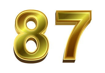 3d golden number 87  isolated on white background