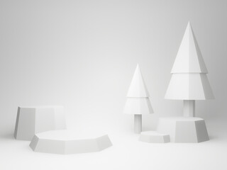 3D rendered white podium. Forest theme.