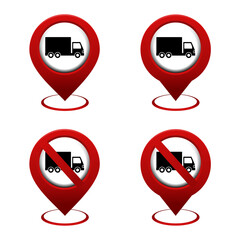 Set of map pointer with truck icon. Red map pin. Truck path and not truck path. Lorry location. Illustration vector