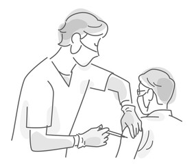 新型コロナのワクチンを注射する医師のイラスト　モノトーン