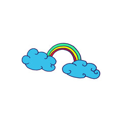 blue cloud with rainbow on white background. rainbow vector illustration. green, red and green. cute doodle art for kids, logo, sticker, clipart, poster, cover, banner. hand drawn vector. dream icon.