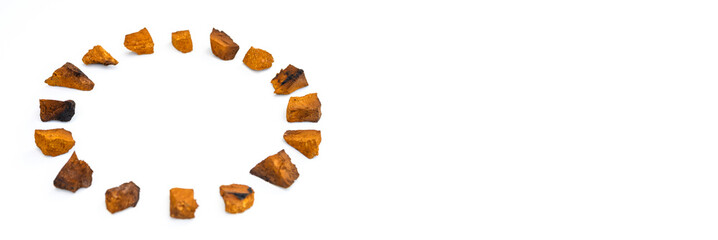 chaga mushroom. large sliced pieces of birch tree chaga fungus arranged in a circle are isolated on a white background. concept of alternative natural medicine. space for text. banner