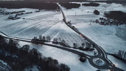 Snowy road in the winter captured with a drone