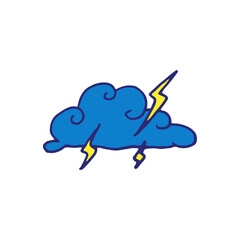 blue cloud and yellow lightning vector illustration on white background. thunderbolt icon. weather icon, cloudy. rainy day. hand drawn vector. doodle for kids, logo, sticker, clipart, poster, card.