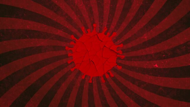 Representation of a SARS-COV-2 cell spinning in a red and black spiral background, covid-19 particle 2D animation 4K 60 ffs.