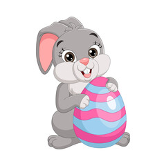 Cute Easter bunny holding decorated eggs