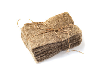 Packs of linen mats isolated on white. Microgreens planting supply business. natural base for growing plants. Vitamins from nature. Vegan and healthy superfood delivery service.