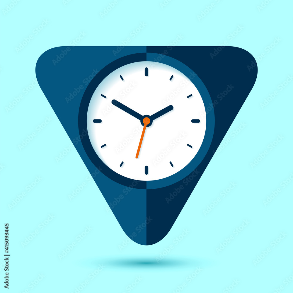 Poster triangle clock icon in flat style, timer on blue background. simple watch. vector design element for
