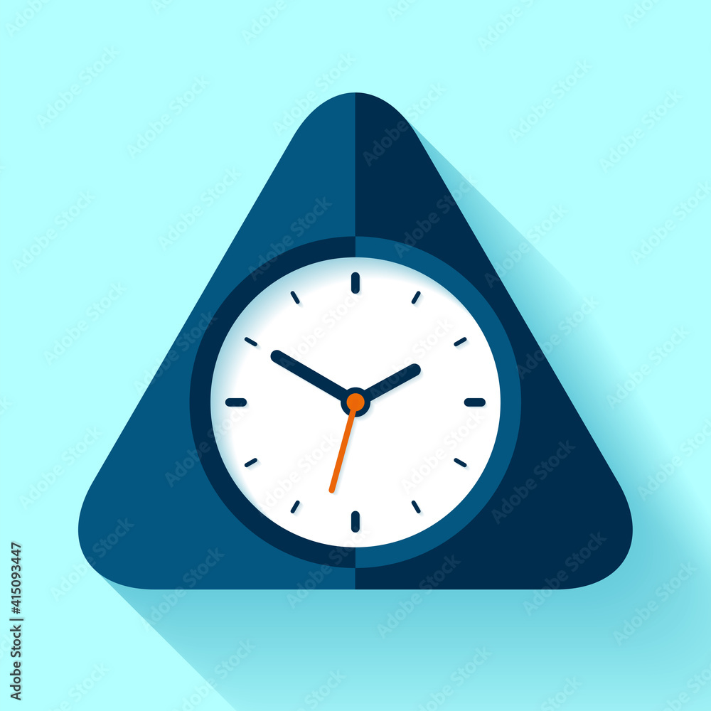 Poster triangle clock icon in flat style, timer on blue background. simple watch. vector design element for
