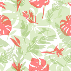 Vector Seamless pattern with delicate tropical flowers and leaves. Trendy seamless textures for fabrics, wallpapers, swimwear, shirts, curtains. Illustration in pink and green shades.