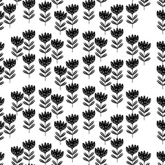 Seamless floral pattern based on traditional folk art ornaments. Black flowers on white background. Scandinavian style. Sweden nordic style. Vector illustration for fabric, textile, wallpaper.