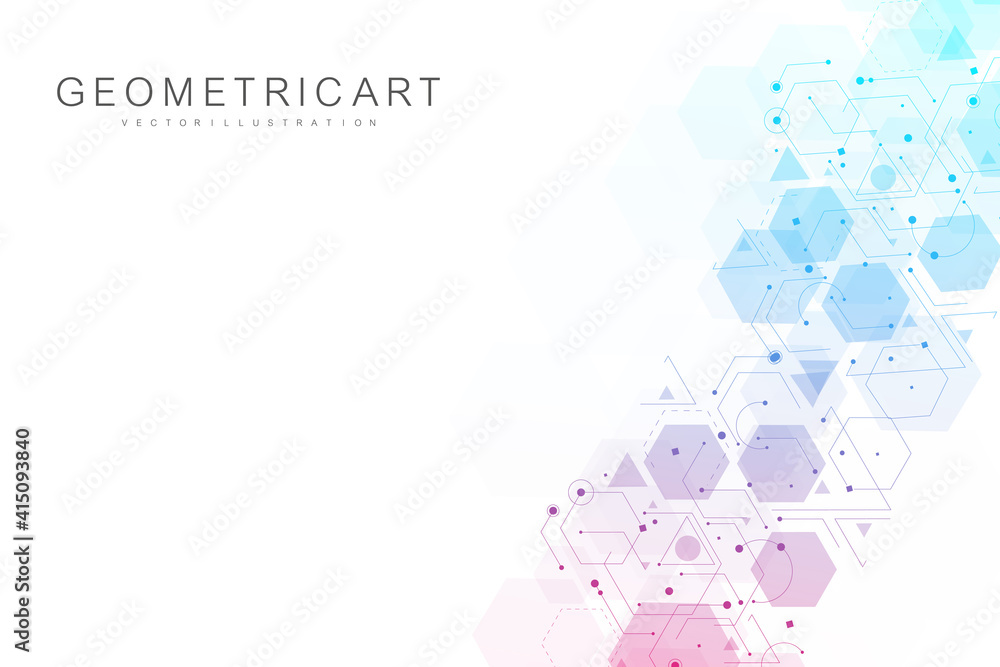Poster science network pattern, connecting lines and dots. technology hexagons structure or molecular conne