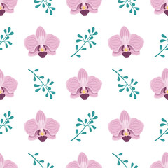 Cute stylish seamless pattern with pink orchid flowers and twigs