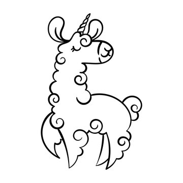 Cute curly llama unicorn is flying and dancing with happiness. Illustration for coloring pages, children and adult prints, baby shower
