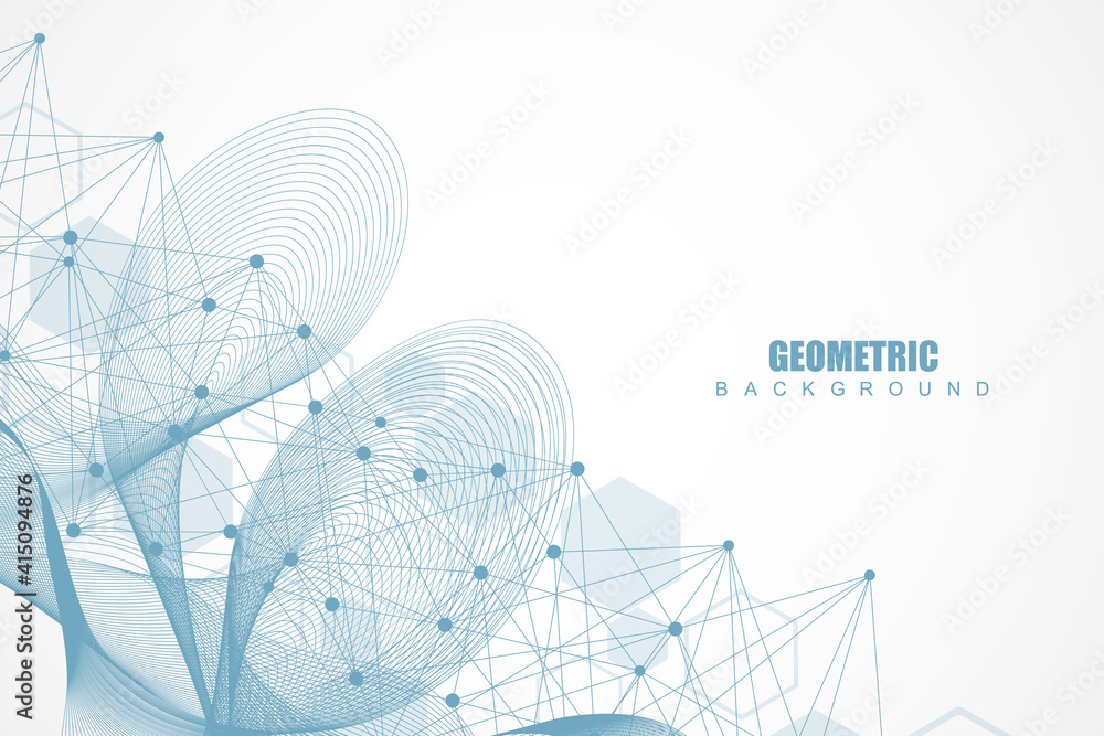 Poster geometric abstract background with connected line and dots. structure molecule and communication. bi