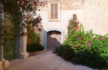 Street view with old wooden door and flowers. Malta, Rabat