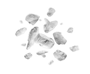 Rock salt close up levitating on a white background