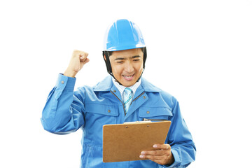 ガッツポーズの労働者