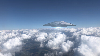 Fototapeta na wymiar 3D rendering- Ufo Flying Saucer hovering over Clouds, Metalic shape from plane point of view, Alien invasion concept
