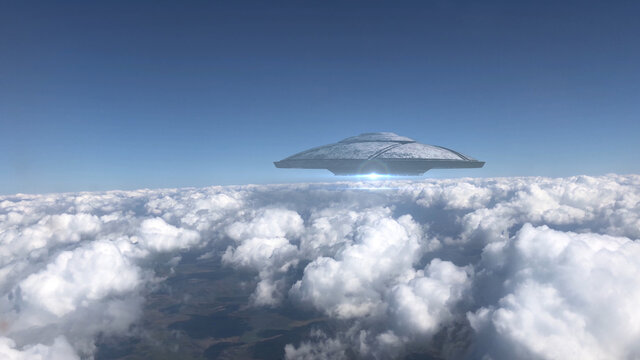 3D Rendering- Ufo Flying Saucer Hovering Over Clouds, Metalic Shape From Plane Point Of View, Alien Invasion Concept