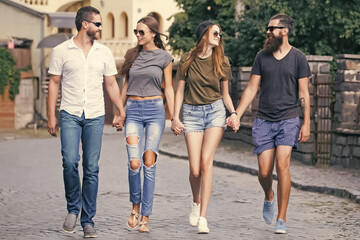 Fototapeta premium Group of friends travel around in city. Concept about youth and weekend.