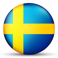 Glass light ball with flag of Sweden. Round sphere, template icon. Swedish national symbol. Glossy realistic ball, 3D abstract vector illustration highlighted on a white background. Big bubble.