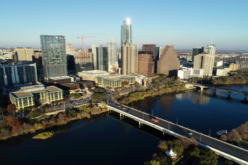 Aerial view of downtown Austin, Texas at sunset
