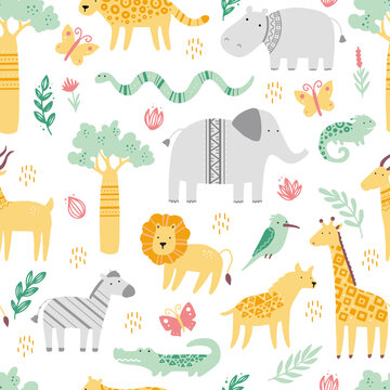 Seamless pattern with cute african zoo animals. Flat and simple design style for baby, children wallpaper, background, fabric illustration.