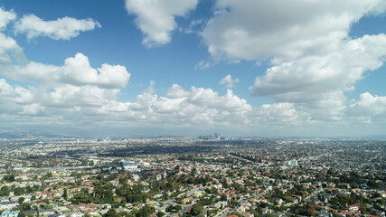 Aerial view of downtown Los Angeles from afar after the rain