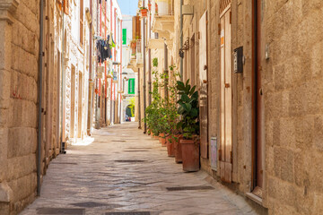Fototapeta na wymiar Italy, Apulia, Metropolitan City of Bari, Molfetta. Small cobblestone street and stone residential buildings.