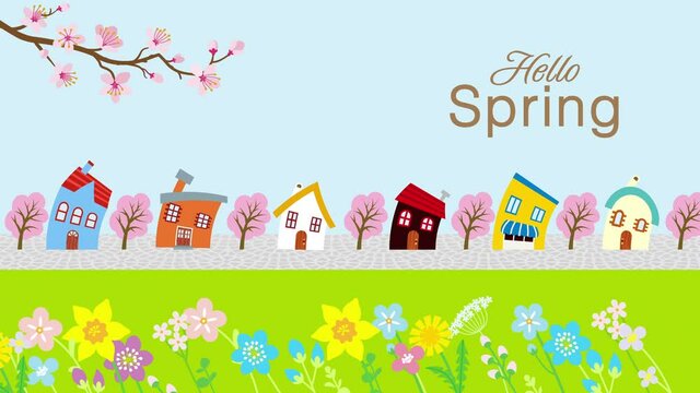 Swaying cartoon townscape and springtime flowers, cherry branch - Included text animation "Hello Spring"