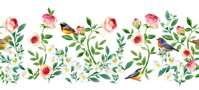 Seamless pattern with blossom garden flowers and birds