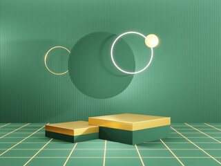 3d render - Green podium minimal on Green color background, Display for cosmetic perfume fashion natural product, simple clean design, luxury minimalist mockup.
