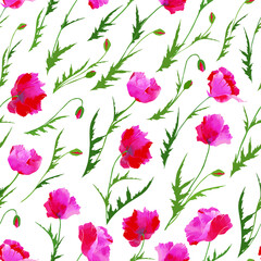 Vector seamless pattern :red and pink poppy flowers with green leaves and small buds on white. Floral design for textile, wallpaper, wrapping paper, notebook cover, card in nice vintage style