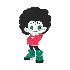 Cute Girl illustration.For apparel or other uses,in vector. funny curly-haired girl in sneakers and a red hoodie. Drawn by hand in the style of a cartoon. isolated on a white background.
