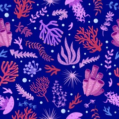 Seamless pattern with marine fauna - corals, jellyfish, sea anemones, seaweed, sea urchin, bubbles. Vector illustration hand drawn style for fabrics, wallpaper, wrapping paper.