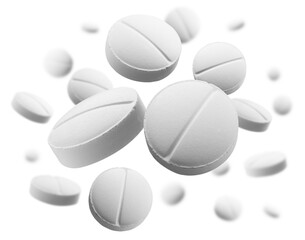 White round tablets levitate on a white background
