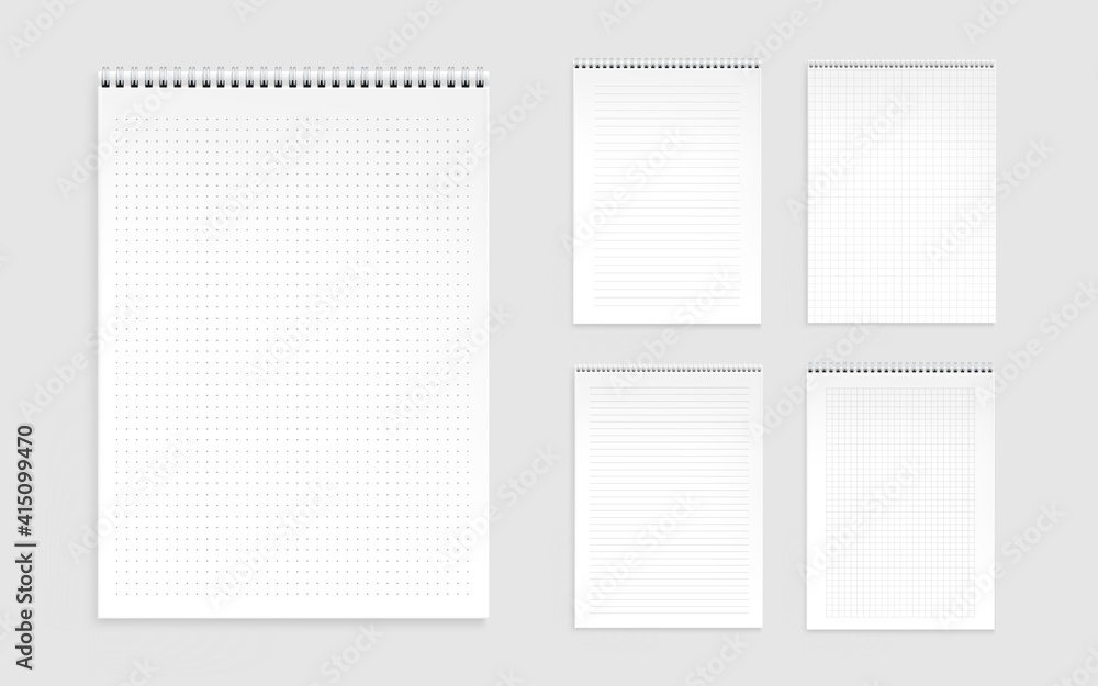 Poster notebook sheets, blank pages with lines, dots and checks. memo pads, daily planner templates, notepa