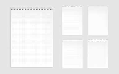 Notebook sheets, blank pages with lines, dots and checks. Memo pads, daily planner templates, notepad empty paper with binder spiral isolated on white background. Realistic 3d vector illustration, set