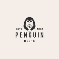 penguin drink mug cup hipster vintage logo vector icon illustration