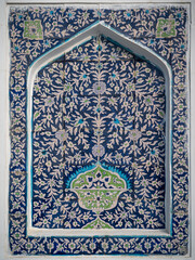Beautiful traditional floral motif on blue and white ceramic tiles on wall of Makhdum Nuh tomb in Hala, Sindh, Pakistan