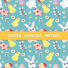 Easter seamless pattern flat illustration in the style of childrens doodle Rabbit with chicken and colored eggs drawings are arranged in random order