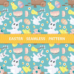 Easter seamless pattern flat illustration in the style of childrens doodle Wheelbarrow with a painted egg and chickens drawings are arranged in random order