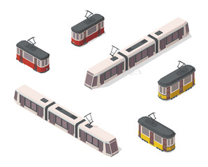 Vector isometric illustration of yellow, red and white trams. Railroad elements. Front and back. Old vintage and modern streetcars. City elements. Icons. - obrazy, fototapety, plakaty