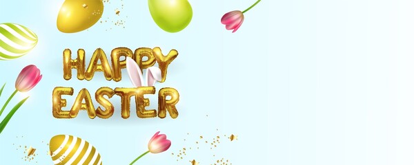 Happy Easter metal lettering background with realistic gold glitter decorated eggs, confetti, brushes. Vector illustration greeting card, advertising, promotion, poster, flyer, web banner, article