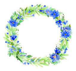Beautiful floral wreath, blue flowers and green leaves. Watercolor hand drawn illustration, isolated on white.