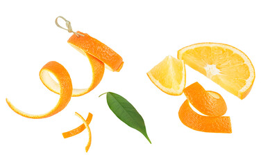 Orange slices, orange leaf and orange peel isolated on white background, top view. Vitamin C.