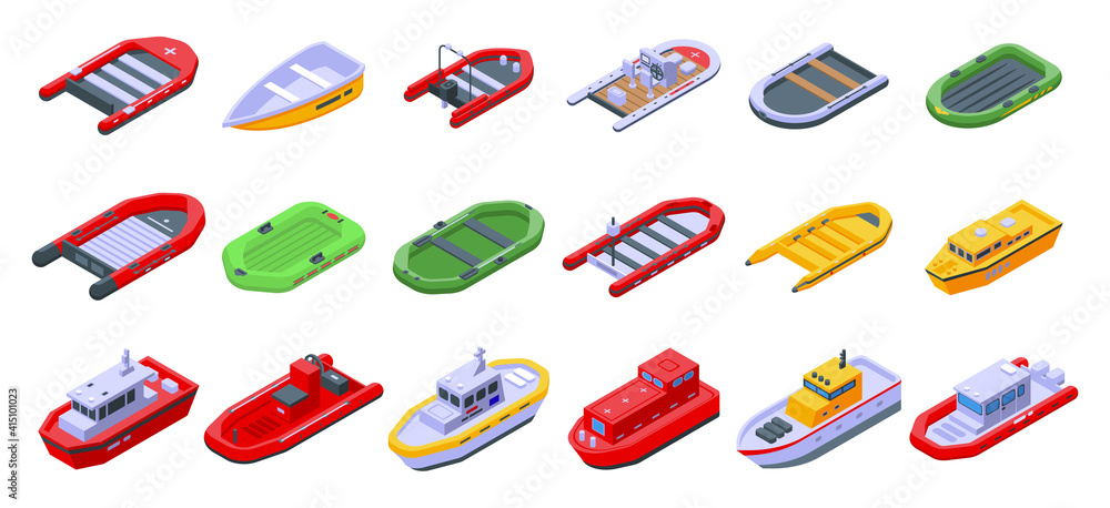 Poster rescue boat icons set. isometric set of rescue boat vector icons for web design isolated on white ba
